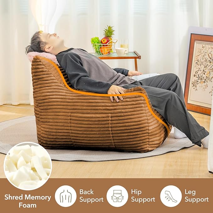 Giant Bean Bag Chair for Adults, Corduroy Upholstered Beanbag Chair with Side Pocket, Comfy Bean Bag Sofa with Portable Handle, Floor Sofa Chair for Bedroom (Brown)