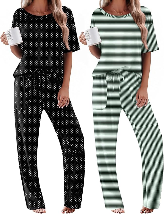 Ekouaer 2 Pack Womens Pajama Sets Short Sleeve Tops and Long Pants Casual Comfy Pjs Lounge Set with Pockets,S-XXL