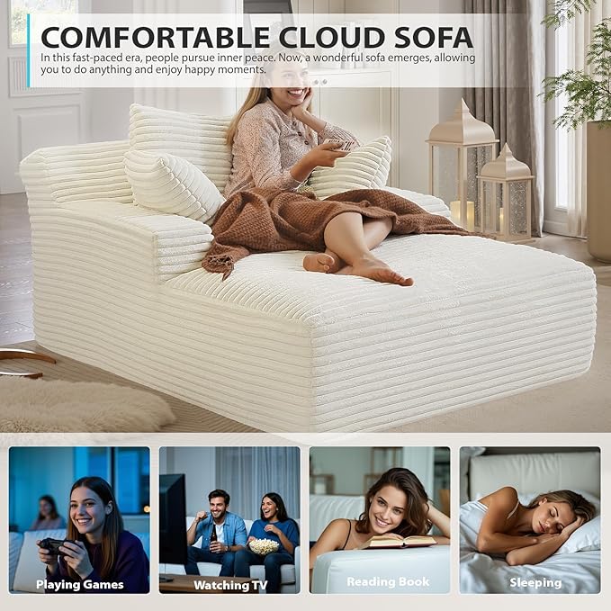 50 Inch Chaise Lounge Chair Indoor, Oversized Corduroy Upholstered Boneless Sofa Bed, Deep Seat Sleeper Couch Reading Chairs, Cloud Sofas Couches for Living Room, No Assembly Required (Beige)