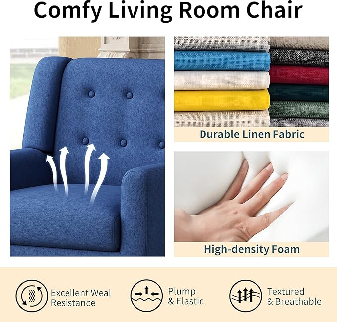 Accent Chairs, Mid-Century Modern Upholstered Living Room Armchair, Comfy Oversized Linen Fabric Single Reading Arm Chair with Tufted Back and Wood Legs for Bedroom, Club (1, Navy)