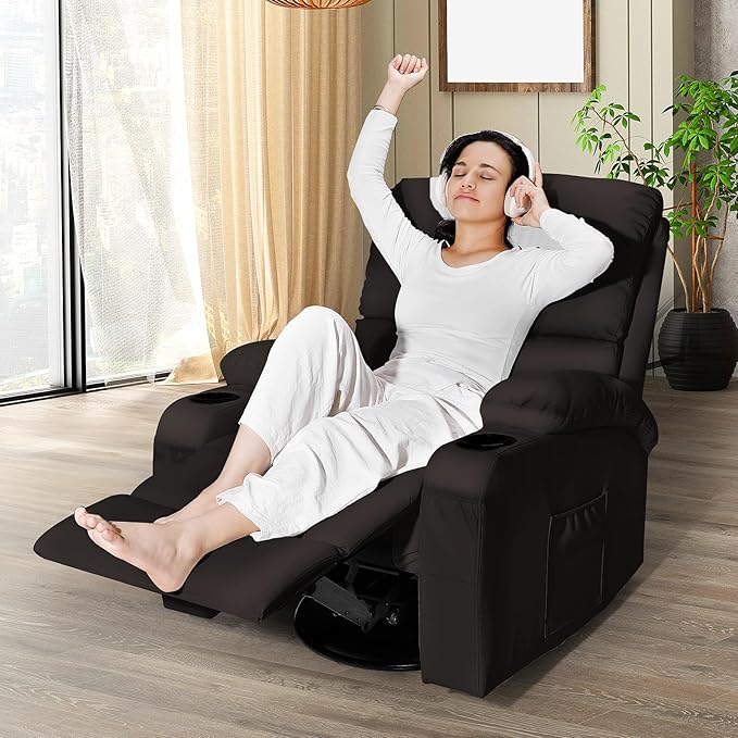 LAFWELL Rocking Recliner Chair, Massage Rocker Recliner Chair with Vibration Massage and Heat, USB and Type-C Ports,360° Swivel Faux Leather Chairs, Living Room, Bedroom, Nursery, RV, Brown