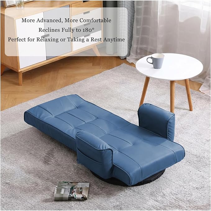 FLOGUOR 360° Swivel Gaming Floor Chair with Armrests – 14-Position Adjustable Folding Floor Sofa Lounger, Padded Backrest, Multi-Angle Recline for Home, Living Room & Office (Blue)