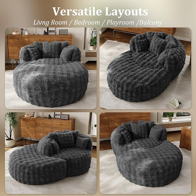 55" W Oversized Round Chaise Lounge Chair with Ottoman Indoor Boneless Faux Fur Plush Fluffy Circle Couch Soft Comfy Cozy Cloud Reading Chair with 5 Pillows for Living Room, Playroom, Bedroom - Grey