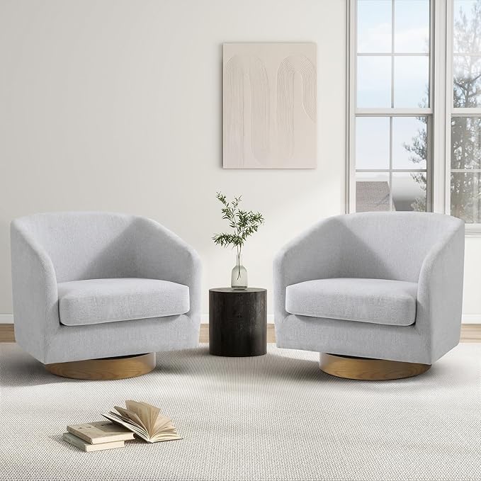 Swivel Barrel Chair, Modern Round PU Leather Accent Armchair for Living Room, Bedroom, Oversized Comfy Club Reading Chairs for Adults (Chenille Beige, Set of 2)