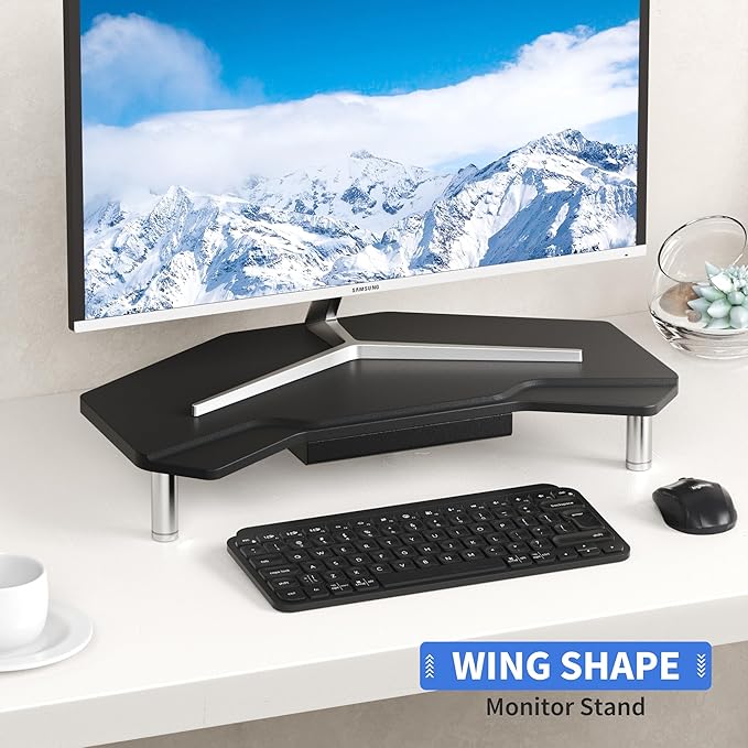 AFOOYO Monitor Stand Riser Black,Plane Wing-Shaped Sturdy Computer Stand Ergonomic Desk Organizer Riser Wood Monitor Stand with Drawer for Laptop, Computer,16.5 Inch