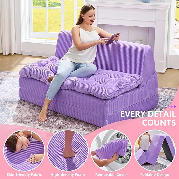 Hobestluk Sofa Couch Folding Sofa Bed Sleeper Comfy Floor Lounger Loveseat Sofa with Removable Cushion Couches Foldable Mattress for Living Room Bedroom or Office (Cordury Purple, Oversize)