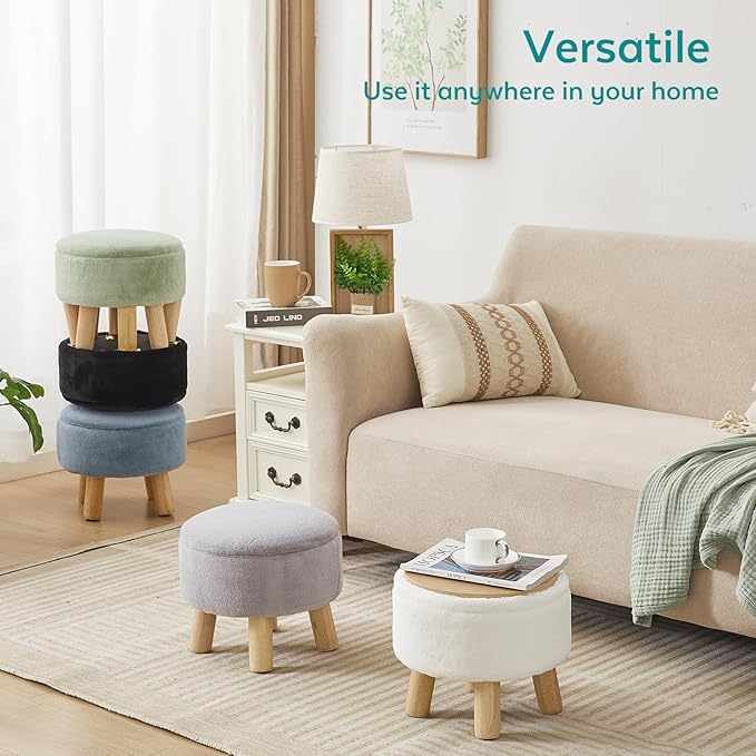 FIMIVIBI Small Foot Stool Ottoman with Storage, Soft Faux Fur Ottoman Foot Rest for Couch, Round Footstool with Storage, Small Ottomans and Footstools for Living Room and Entryway (Light Blue)