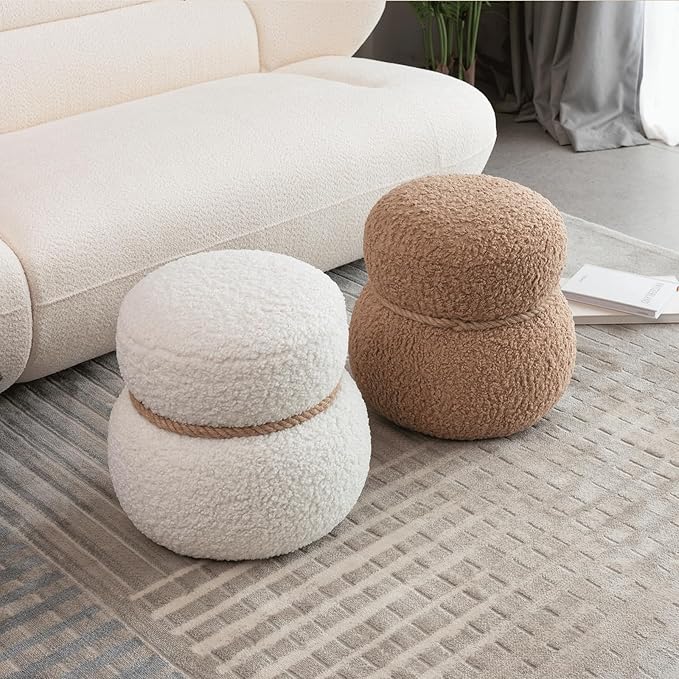 14.56" Snowman Shape Ottoman, Small Foot Stool, Cute Teddy Pouf Footrest, Foot Rest for Couch Sofa, Modern Soft Round Boucle Ottoman Under Desk for Living Room,Apartment,Small Space (White)