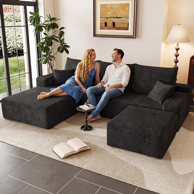 95" Cloud Sectional Couch with Ottoman,Modern U-Shaped Cloud Couch with Deep Seat,Comfy Corduroy 3-Seater Sofa,Memory Foam Sofa for Living Room,No Assembly (Black,Left-Facing Chaise)