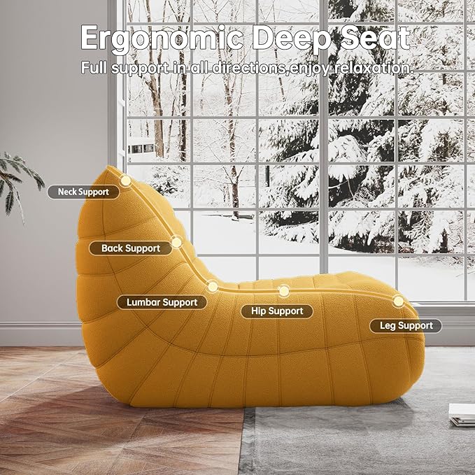 Bean Bag Chairs for Adults, BeanBag Reading Chair Memory Foam Couch, Floor Chair Soft Teddy Material, Comfy Reading Nook Chairs for Bedroom Living Room Office(Yellow)