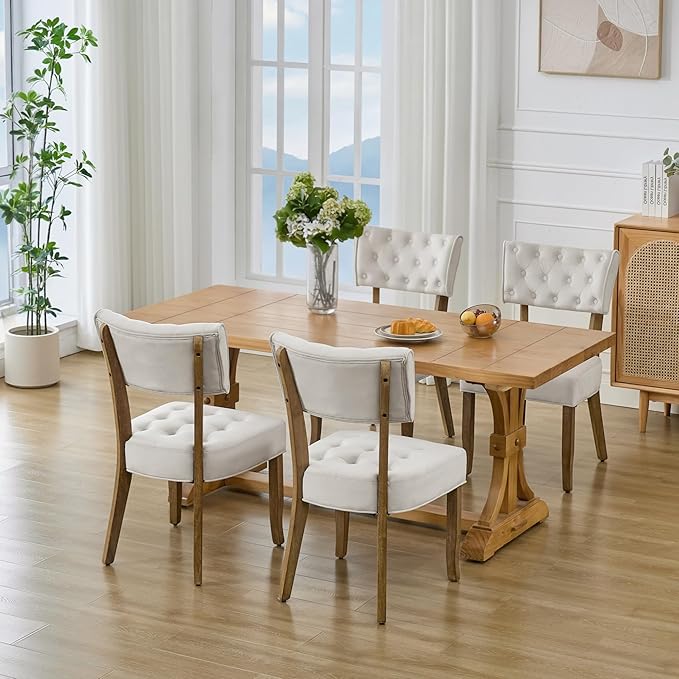 UVV Upholstered Dining Chairs Set of 2, Mid Century Modern Tufted Kitchen Chairs Dining Room Chairs, Velvet Dinner Chair with Wood Legs for Dining Room Kitchen, Beige