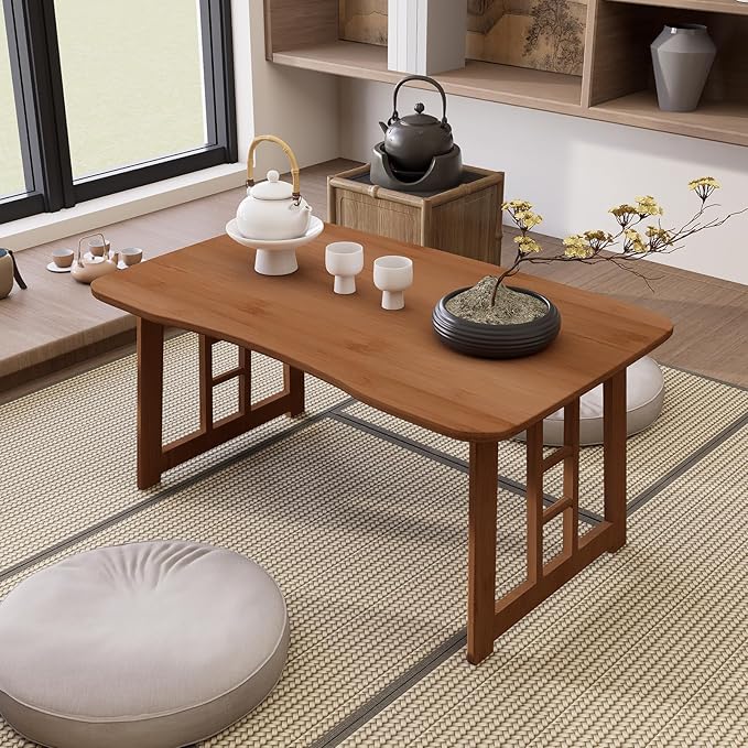JNNXZZ Japanese Folding Coffee Table,Bamboo Foldable Low Table for Sitting On Floor,Collapsible Floor Tea Tables,Portable Meditation Table for Tatami Living Room Bay Window Office Apartment (Brown)