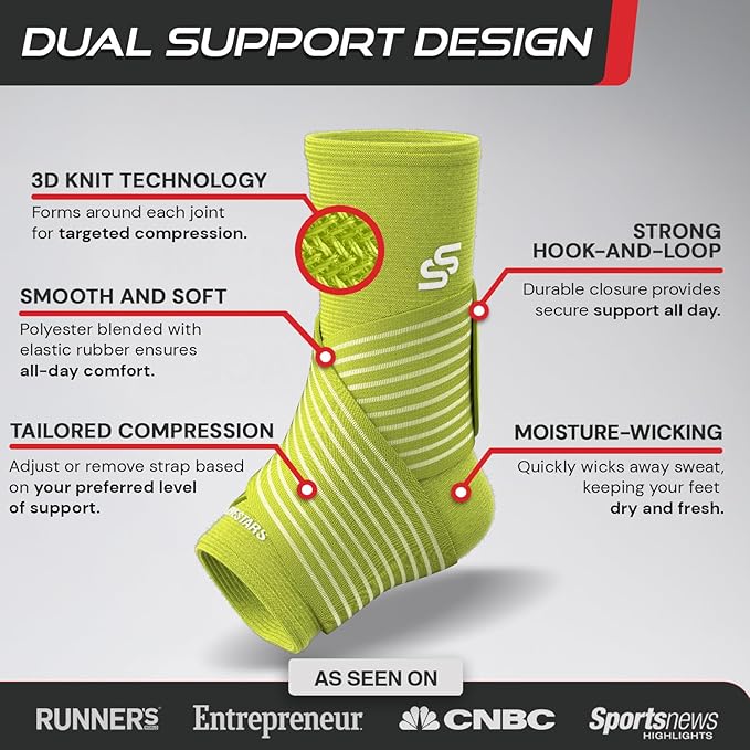 Sleeve Stars Ankle Support for Ligament Damage & Sprained Ankle, Plantar Fasciitis Support & Achilles Tendonitis Pain Relief, Ankle Brace for Women & Men w/Compression Ankle Strap (Single/Neon Green)
