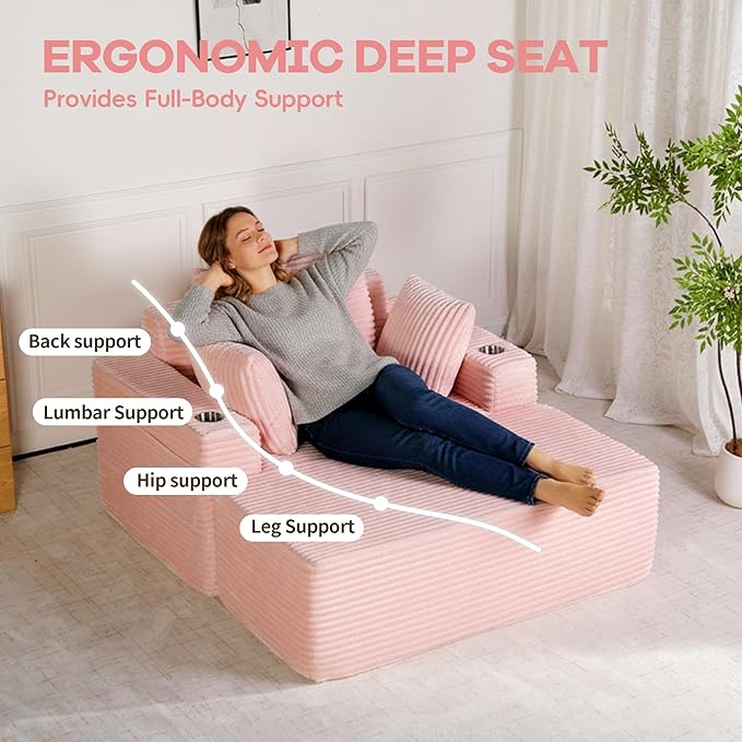 54"W Oversized Chaise Lounge Chair Indoor, Boneless Chaise Lounge Couch, Convertible Comfy Reading Chairs, Compression Sofa with Ottoman, Corduroy Sleeper Couch Chair for Living Room, Pink