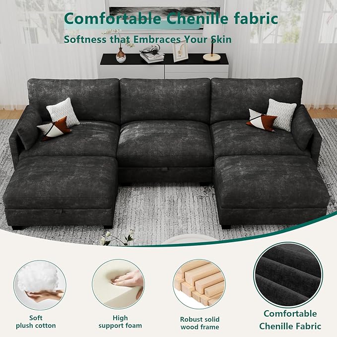 Modular Sectional U Shaped Sofa Couches for Living Room, Cloud Couch with Storage Ottoman, Comfy Chenille Sofa with Pillow, Black