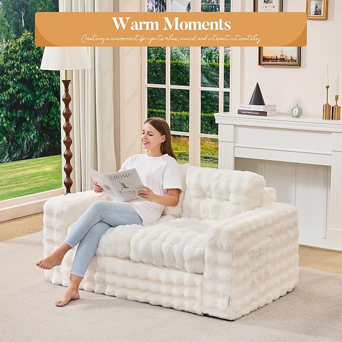 Hobestluk Sofa Couch Loveseat Sofa with Bubble Fabric 2-Seater Sofa for Small Spaces Comfortable Foam Floor Sofa 2 in 1 Boneless Couch for Living Room Bedroom Apartment or Office (White, Loveseat)