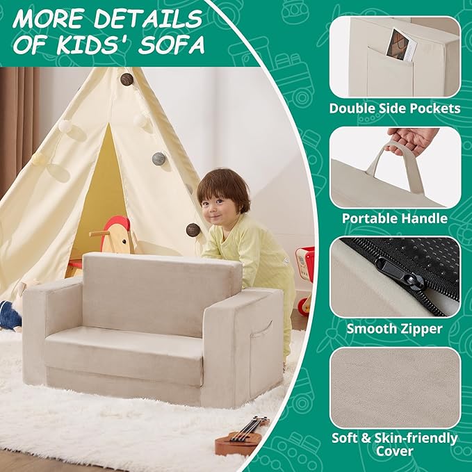 Kids Couch, 2-in-1 Toddler Chair Comfy 1-3 Years, Convertible Kids Chair, Toddler Couch That Fold Out, Kid Lounge Chairs for Boys and Girls, Soft Coral Fleece, Double, Beige
