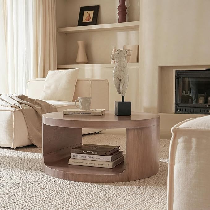 Veihaus Round Coffee Table with Storage, 31.5" Modern Living Room Table, 2 Tier Circle Wood Center Tables for Apartment, Living Room, Open-Style Storage Coffee Tables, 31.5"*15.7" (Dusty Pink)