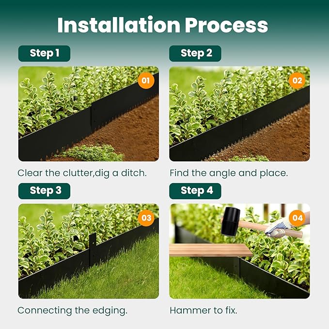 Metal Landscape Edging Galvanized Steel Edging Metal Garden Edging Border 40 Inch Strips 8 Inch Depth Black Steel Landscaping Edge 6-Pack for Lawn Yard Pathway 20 Ft Total (with 6 Clips)