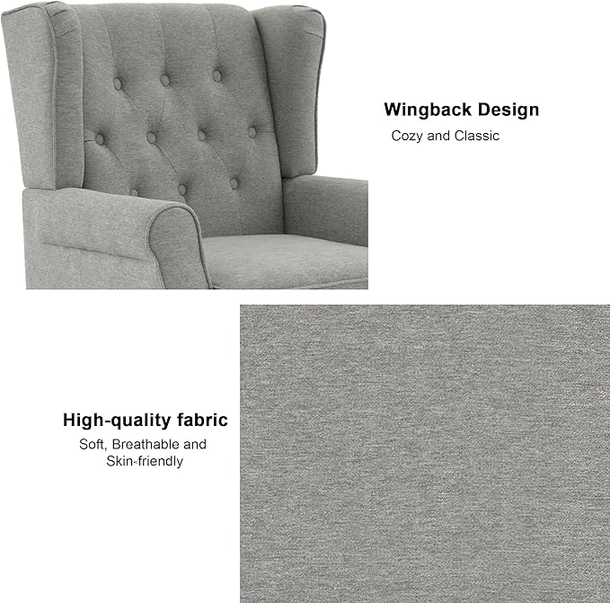 DREAMSIDEA Accent Chair, Upholstered Armchair with Button Tufted High Back & Solid Wood Legs, Comfy Wingback Reading Single Sofa Chair for Small Spaces, Living Room, Bedroom (Grey, Set of 1)
