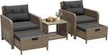 LHBcraft 5 Piece Patio Conversation Set Outdoor Patio Chairs with Ottomans Balcony Furniture with Soft Cushions & Coffee Table for Poolside Garden Balcony (Black Cushion +Yellow Rattan)