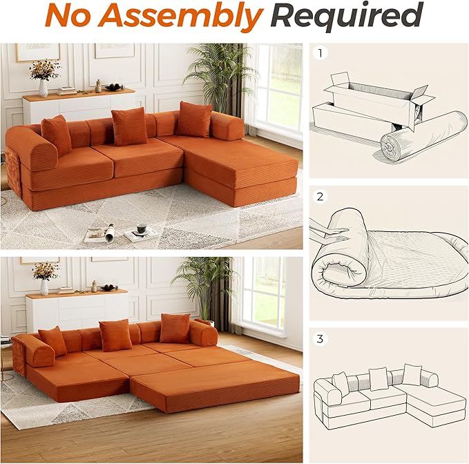 106.3" Oversized Convertible Sleeper Sofa Bed, L Shape Modular Sectional Cloud Sofa with Fixed-Shape Frame, Boneless Couch with Storage Pocket for Living Room, No Assembly Required, Orange
