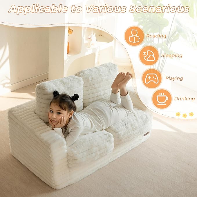 MAXYOYO Extra Wide Kids Bean Bag Chair, Comfy Faux Fur Bean Bag Sofa with Filler, Upholstered Floor Sofa with Pillows and Armrests, Lazy Floor Chair Couch for Boys and Girls, Beige