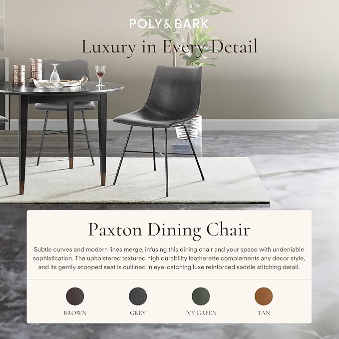 POLY & BARK Paxton Leather Dining Chairs – Set of 2 Modern Dining Room Chairs with Low Back – Faux Leather Upholstery and Matte Black Steel Base – Comfortable Seating for Stylish Interiors – Grey