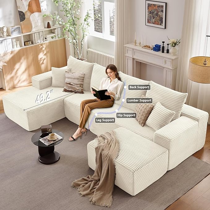 Lakifun 135" L-Shape Sofa with Ottoman, Modern Modular Sectional Comfy U-Shape Cloud Couch, Deep Seat, Upholstered Corduroy Sleeper Chaise Longue for Living Room Bedroom, No Assembly Required, White