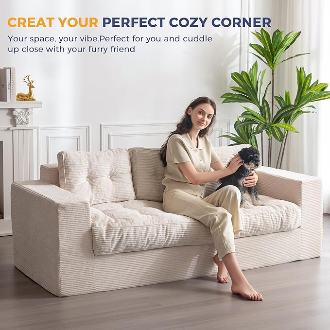MAXYOYO 3 Seater Couch for Living Room, Boneless Couch with Tufted Cushion & Backrest, Upholstered Floor Sofa for Adults, No Assembly Required, Beige