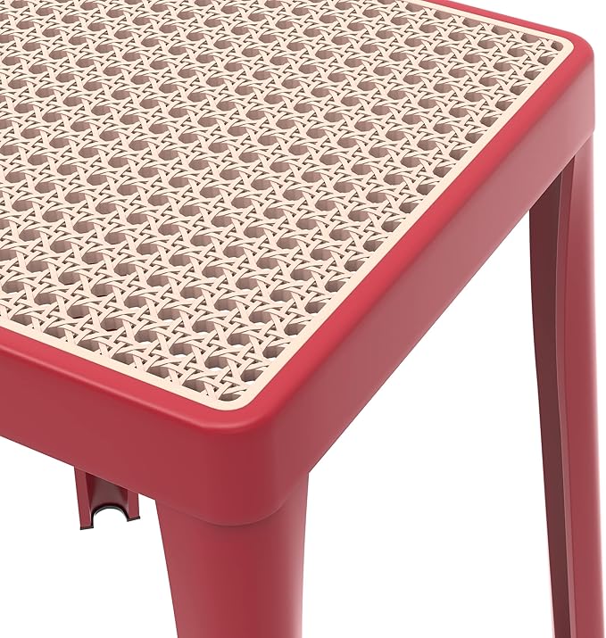 LeisureMod Stackable Square Plastic Dining Stool - Mid-Century Modern Backless Accent Stool with Wicker Top for Kitchen & Dining Room, Red