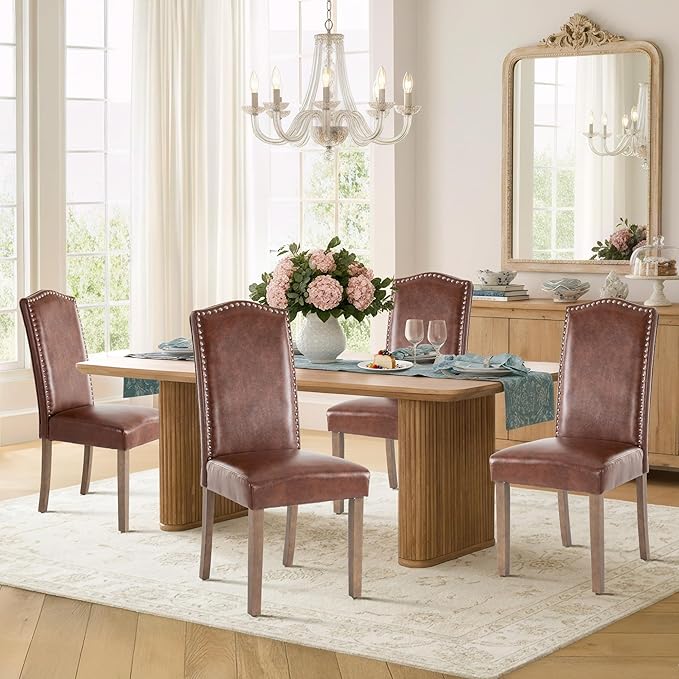 SNUGWAY Upholstered Dining Chair Stylish Parsons Kitchen High Back with Silver Nailhead Trim & Wood Legs, 4-Pack, PU Light Brown