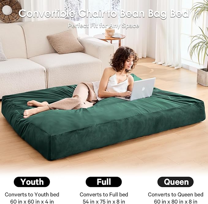 Bean Bag Chairs for Adults - Giant Bean Bag Chair Convertible Bean Bag Bed - Beanbag Chair with Micro Fiber Cover/Furniture Foam Filler - Floor Couch Sofa in Bedroom Dorm Room - Queen Green