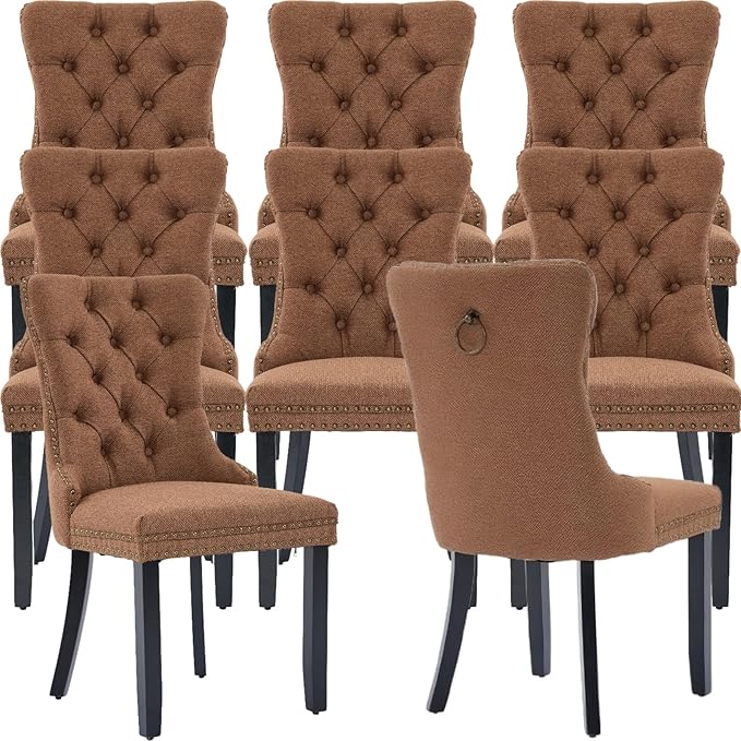 YeahFurn Espresso Brown Mid Century Modern Dining Chairs Set of 8, Linen Upholstered Kitchen & Dining Room Chairs with Nailhead Trim & Solid Wood Legs, Elegant Sillas De Comedor (Coffee, 8 Pcs)