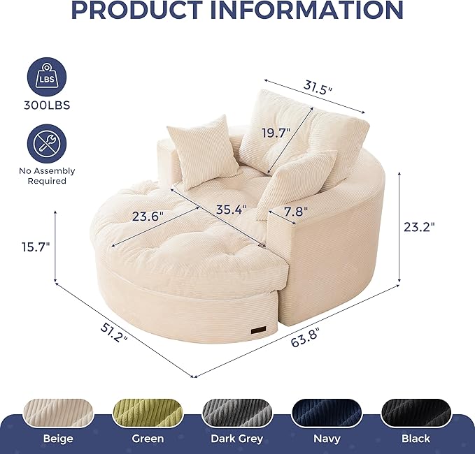MAXYOYO Oversized Round Chaise Lounge Sofa, Upholstered Lounge Chair with 3 Pillows, Boneless Sofa Couch with Ottoman, Deep Seat Sleeper Chair for Living Room, Bedroom, No Assembly, Beige