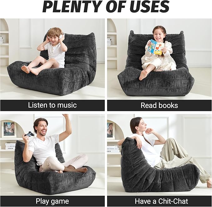 Homguava Bean Bag Chair, Giant Beanbag Chairs for Adults, Memory Foam Fireside Chair, Large Lazy Floor Sofa, Sofa Couch with High-Rebound Foam, Lounge Chair for Living Room, Bedroom (Grey, Single)