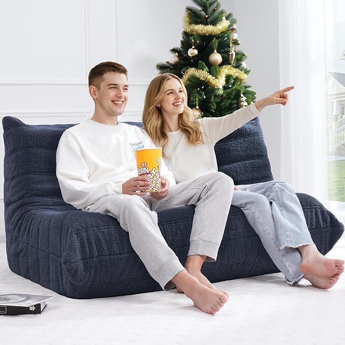 Bean Bag Loveseat Chair Big Sofa Beanbag Chair for Adults Fireside Chair Bean Bag Lounger with Memory Foam Filled for Home,Apartment or Gaming Venue（Blue Teddy）