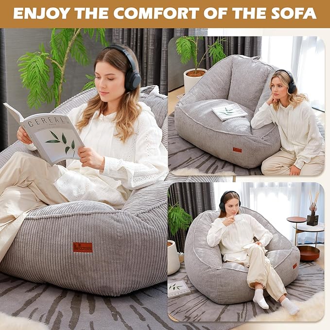 Giant Bean Bag Chair for Adults, Teens and Kids, Cozy Fluffy Corduroy Beanbag Chair with Filler, Large Floor Lounge Sofa for Living Room, Bedroom, Dorm, Gaming and Reading（L-Light Grey）