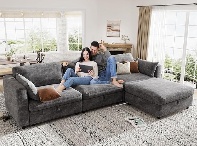 KKL Modular Sectional Oversize Sofa - Apartment Sofa Bed with Adjustable Backrest, 113" L Shaped Couches for Living Room, Down Filled Sectional Couch with Storage Ottoman Chenille, Grey
