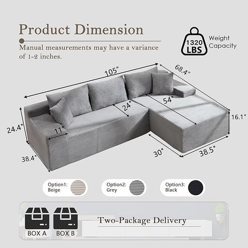 105’’ L-Shape Modular Sectional Sofa with Chaise, Convertible Cloud Couch, Corduroy Fabric & High-Density Memory Foam, No Assembly Required for Living Room (Grey, Right Facing Chaise)
