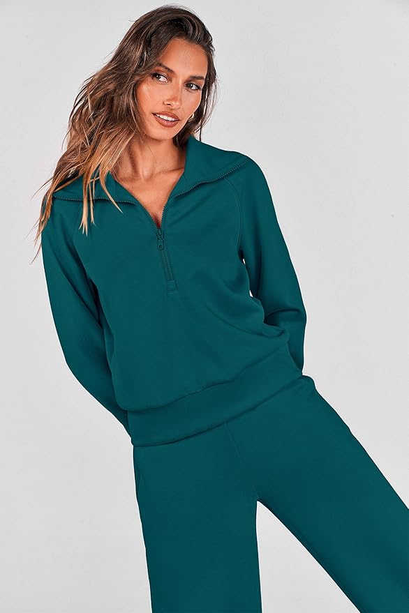 PRETTYGARDEN Women's 2 Piece Outfits Casual Lapel Half Zip Sweatshirts and Wide Leg Pants Tracksuit Sets