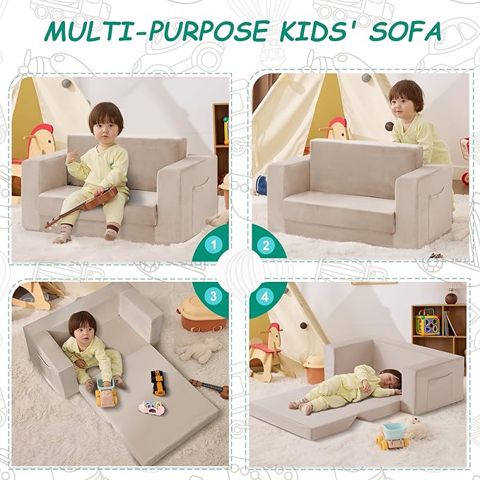 Kids Couch, 2-in-1 Toddler Chair Comfy 1-3 Years, Convertible Kids Chair, Toddler Couch That Fold Out, Kid Lounge Chairs for Boys and Girls, Soft Coral Fleece, Double, Beige