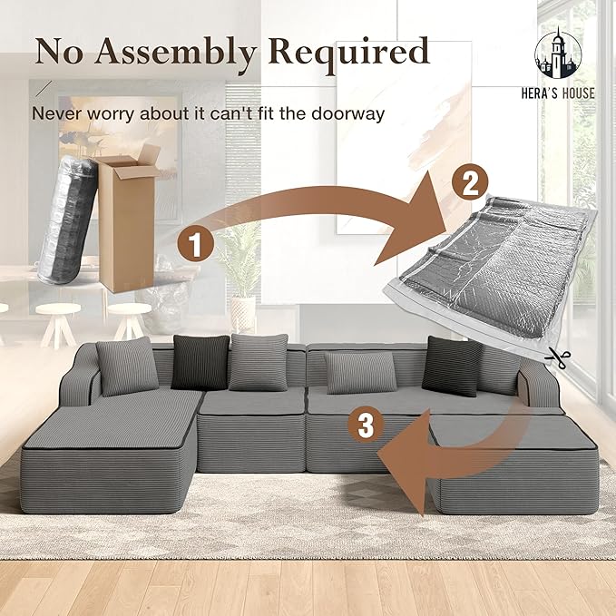 HERA'S HOUSE 134" Cloud Sectional Couch, U-Shaped Modular Upholstered Sofa with Ottoman, Corduroy Boneless Couches with Wide Armrest and 6 Throw Pillows for Living Room, No Assembly Required, Grey