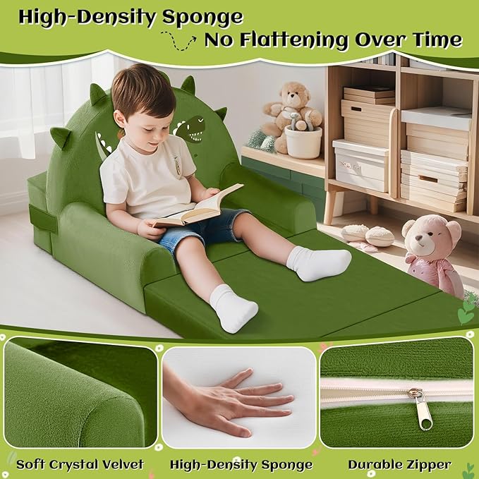 ORWIPO Dinosaur Kids Sofa Bed with Removable Washable Cover & Hook and Loop Backrest – Foldable Toddler Chair, Cozy Crystal Velvet Furniture for Playtime, Naps & Travel (Dark Green, Dino Design)