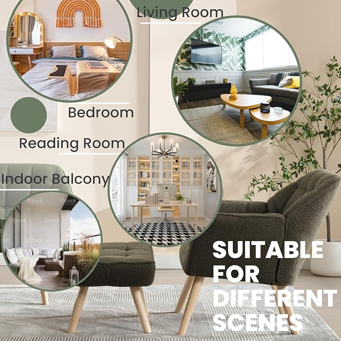 ZH4YOU Sherpa Accent Chair with Ottoman, Modern Fuzzy Reading Chair with Ottoman Upholstered Armchair with Wood Legs Comfy Lounge Chair for Small Spaces Living Room Bedroom Book Nook, Green