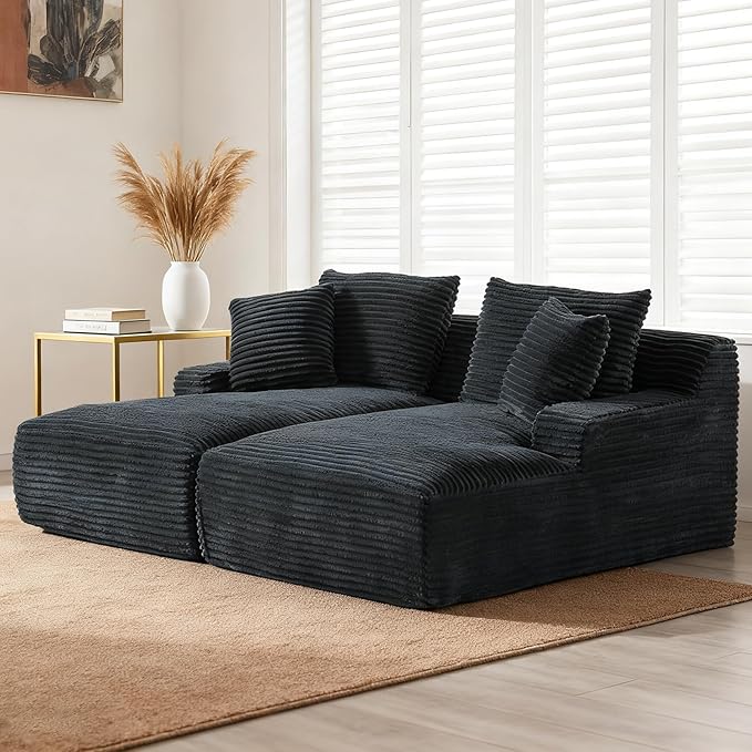 VEPXXP 80" Double Chaise Lounge Chair Indoor, Oversized Boneless Couch Comfy Upholstered Sleeper Sofa Bed with 4 Pillows, Corduroy Cloud Loveseat Chair for Living Room No Assembly Required, Dark Grey