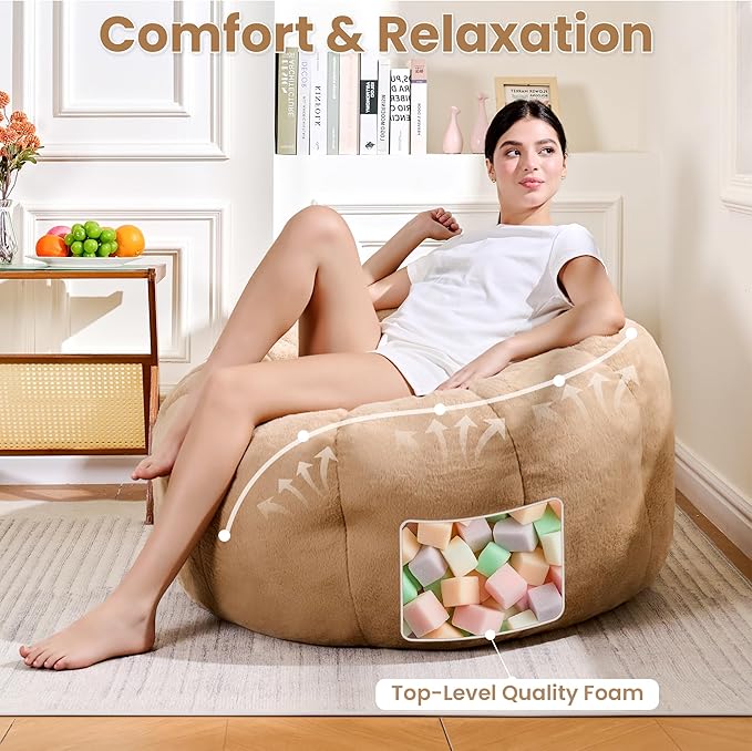 Bean Bag Chairs for Adults, Teens Beanbag Reading Chair with Petal Arm Rest, Comfy Faux Fur Fluffy Bean Bag for Youth Living Room, Bedroom, Dorm, Game - Taupe, Large, Low Support