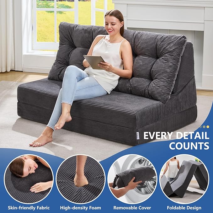 Hobestluk Sofa Couch Folding Sofa Bed Sleeper Comfy Floor Lounger Loveseat Sofa with Removable Cushion Couches Foldable Mattress for Living Room Bedroom or Office (Cordury Grey, Oversize)