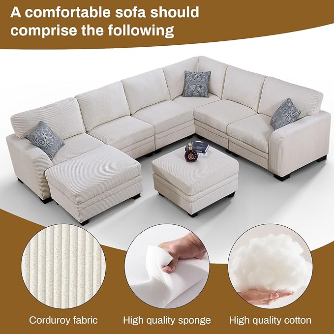 Legend Vansen Oversized Modular Sectional Sofa,8 Seat U Shaped Couch with Ottoman,Corduroy Sofa with Deep Seat,Convertible Large Sectional Couches for Living Room(Cream, U-8)