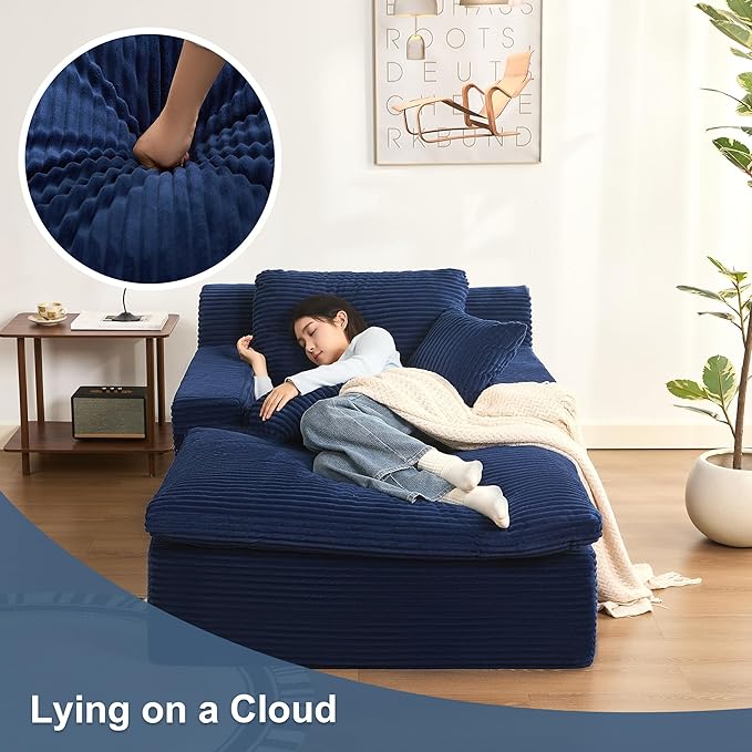 63" Oversized Boneless Chaise Lounge Chair, Extra Cloud Layer, Convertible Sleeper Sofa Couch with Removable Pillows & Side Pockets, Corduroy Upholstered Sofa Bed with Armrests for Living Room, Blue
